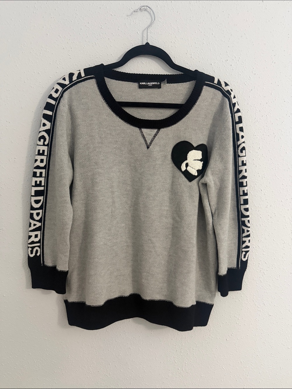 Karl Lagerfeld Grey Crewneck Sweater with Black Trim & Heart Patch